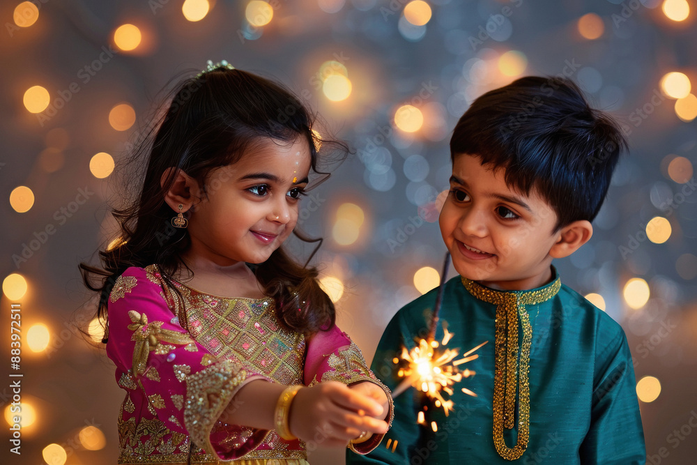Cute indian little girl and boy holding fireworks stick in hand and celebrating diwali festival Cute indian little girl and boy holding fireworks stick in hand and celebrating diwali festival