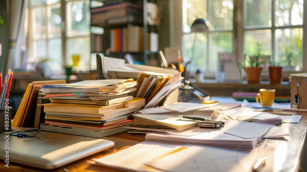 Close-up of a home office desk cluttered with papers and stationery. Close-up of a home office desk cluttered with papers and stationery.