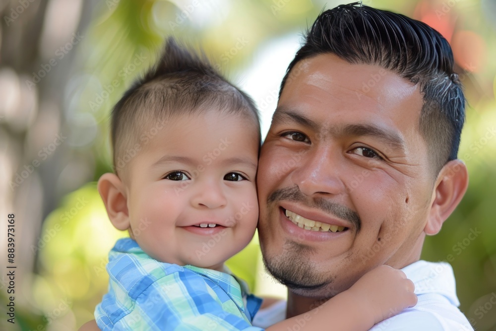 Smiling latino father bonding with baby son family, father s day, and happiness celebration Smiling latino father bonding with baby son family, father s day, and happiness celebration