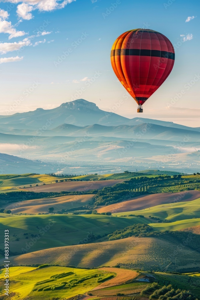 Fototapeta premium A hot air balloon drifting above rolling hills, with a softly blurred background of green fields and distant mountains.
