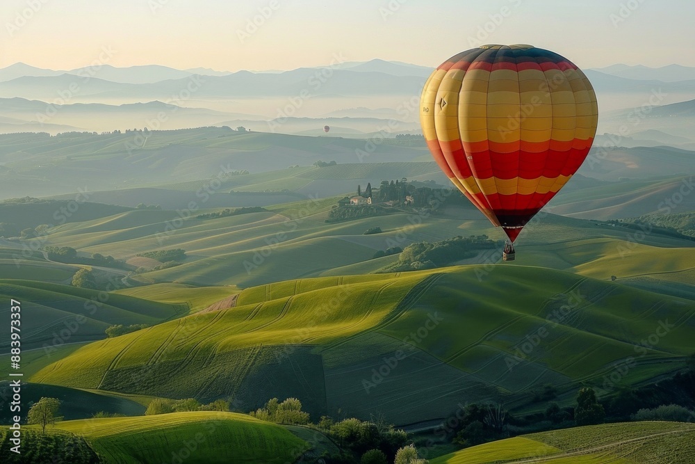 Fototapeta premium A hot air balloon drifting above rolling hills, with a softly blurred background of green fields and distant mountains. 