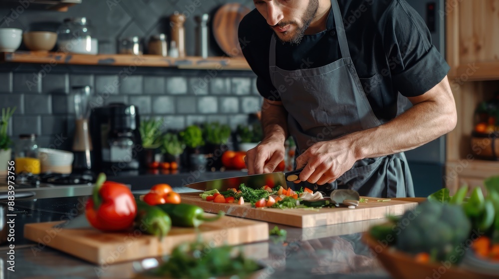 Man Wearing Apron Chopping Vegetables in Modern Kitchen