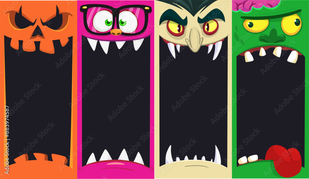 Fototapeta premium Halloween funny faces set of four characters. Cartoon heads of grim reaper, pumpkin Jack o lntern zombie, vampire and mummy. Vector illustration isolated. Party decoration or package design.