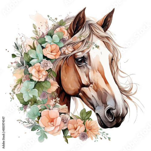 Portrait, head horse with Flowers. Watercolor Illustration isolated on transparent background. photo