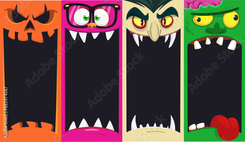 Halloween funny faces set of four characters. Cartoon heads of grim reaper, pumpkin Jack o lntern zombie, vampire and mummy. Vector illustration isolated. Party decoration or package design. photo