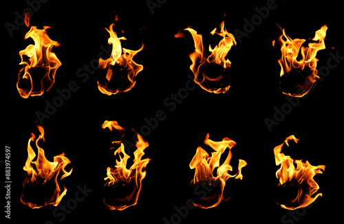collection abstract flame isolated black background. concept of effect texture ablaze, graphic design bonfire, blaze at night. burn of fire sizzling, danger explosion