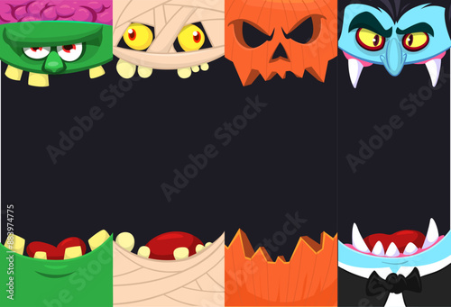 Halloween funny faces set of four characters. Cartoon heads of grim reaper, pumpkin Jack o lntern zombie, vampire and mummy. Vector illustration isolated. Party decoration or package design.