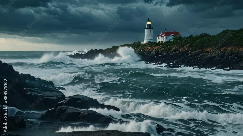 Video animation of coastal scene with a lighthouse standing atop rugged rocks. The sky is overcast, and the sea churns with turbulent waves crashing against the shore Video animation of coastal scene with a lighthouse standing atop rugged rocks. The sky is overcast, and the sea churns with turbulent waves crashing against the shore