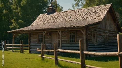 Video animation of rustic log cabin nestled in a grassy area, surrounded by a wooden fence. The cabin features a sloped roof with wooden shingles and a visible chimney photo