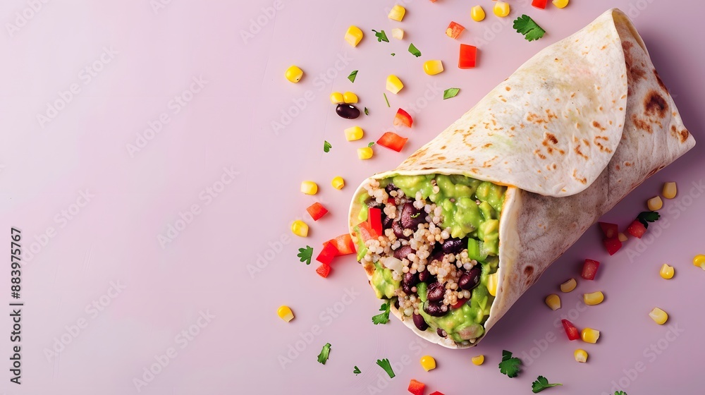 Burrito with Guacamole, Quinoa, Black Beans and Corn on Pink Background. Burrito with Guacamole, Quinoa, Black Beans and Corn on Pink Background.