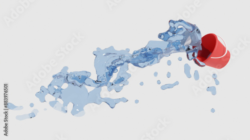 Pouring water from bucket, 3D splash on white background