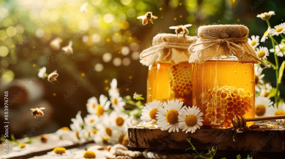 Jars of honey and honeycomb on a wooden table, surrounded by flowers and bees. Perfect for content about bee products and healthy eating. Jars of honey and honeycomb on a wooden table, surrounded by flowers and bees. Perfect for content about bee products and healthy eating.