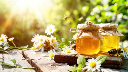 Jars of honey and honeycomb on a wooden table, surrounded by flowers and bees. Perfect for content about bee products and healthy eating. © Malgorzata