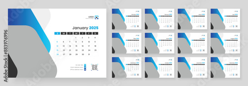 Desk Calendar Template 2025. Week start on Sunday. Minimalist desk calendar 2025 template.