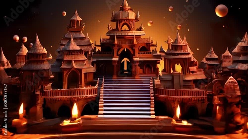 Video of temple adorned decorated with clay Diya oil lamps. Diwali holiday.