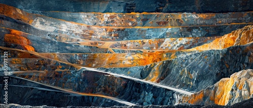 Open-pit gold mine with layered terraces, vast industrial landscape