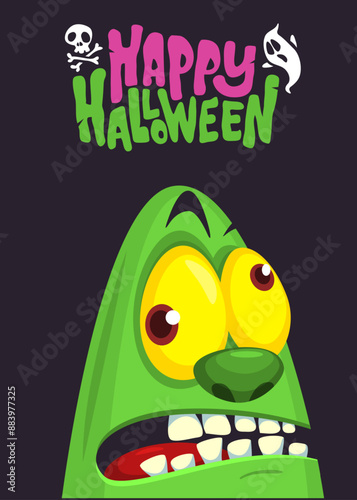 Cartoon funny green zombie character design with scary face expression and pink brains out. Halloween vector illustration isolated on white. Party invitation, package design 