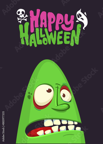 Cartoon funny green zombie character design with scary face expression and pink brains out. Halloween vector illustration isolated on white. Party invitation, package design 