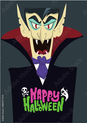 Funny cartoon vampire character design with big open mouth, tongue, fangs. Halloween illustration of count dracula vector isolated 