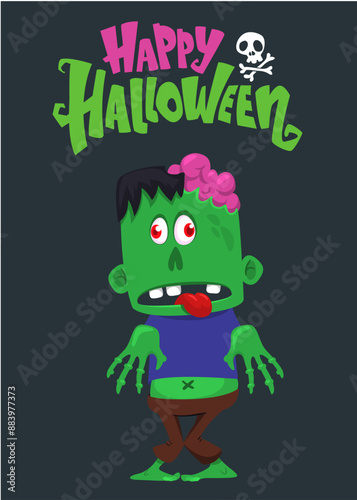 Cartoon funny green zombie character design with scary face expression and pink brains out. Halloween vector illustration isolated on white. Party invitation, package design 
