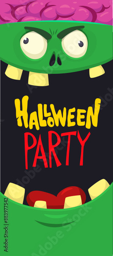 Cartoon funny green zombie character design with scary face expression and pink brains out. Halloween vector illustration isolated on white. Party invitation, package design 