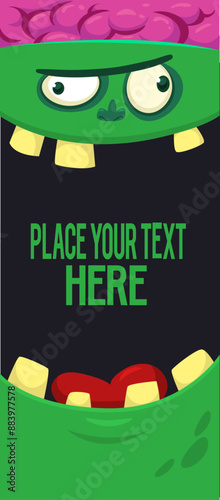 Cartoon funny green zombie character design with scary face expression and pink brains out. Halloween vector illustration isolated on white. Party invitation, package design 