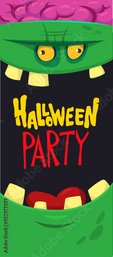 Cartoon funny green zombie character design with scary face expression and pink brains out. Halloween vector illustration isolated on white. Party invitation, package design 