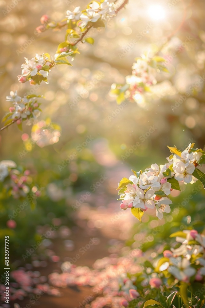 A pathway winding through a flowering garden, with a softly blurred background of blooming trees and sunlight. 