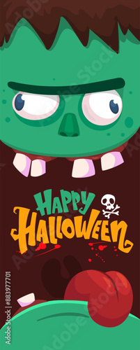 Cartoon funny green zombie character design with scary face expression and pink brains out. Halloween vector illustration isolated on white. Party invitation, package design 