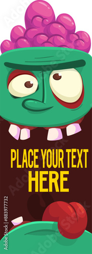 Cartoon funny green zombie character design with scary face expression and pink brains out. Halloween vector illustration isolated on white. Party invitation, package design 