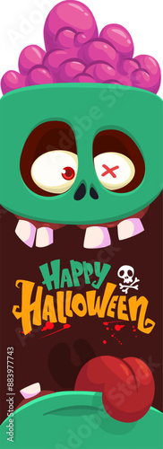 Cartoon funny green zombie character design with scary face expression and pink brains out. Halloween vector illustration isolated on white. Party invitation, package design 