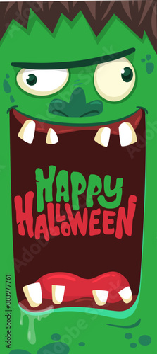 Cartoon funny green zombie character design with scary face expression and pink brains out. Halloween vector illustration isolated on white. Party invitation, package design 