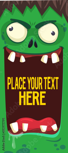 Cartoon funny green zombie character design with scary face expression and pink brains out. Halloween vector illustration isolated on white. Party invitation, package design 