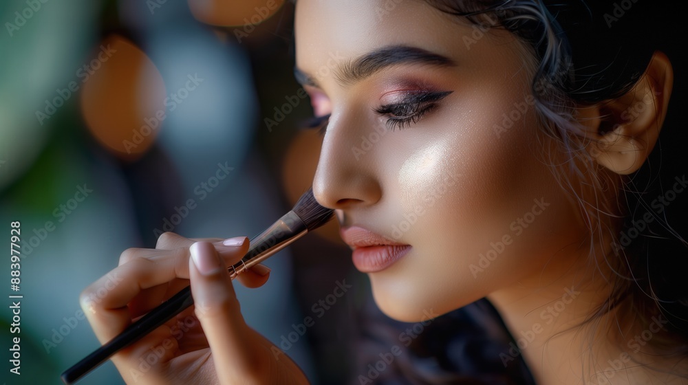 Fototapeta premium Woman professional beauty make up artist holding brush cosmetic beautiful pretty young female smile brunette hair