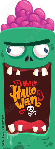 Cartoon funny green zombie character design with scary face expression and pink brains out. Halloween vector illustration isolated on white. Party invitation, package design 