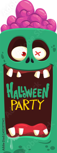 Cartoon funny green zombie character design with scary face expression and pink brains out. Halloween vector illustration isolated on white. Party invitation, package design 