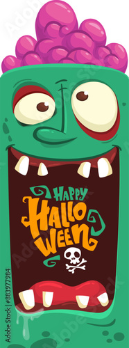 Cartoon funny green zombie character design with scary face expression and pink brains out. Halloween vector illustration isolated on white. Party invitation, package design 