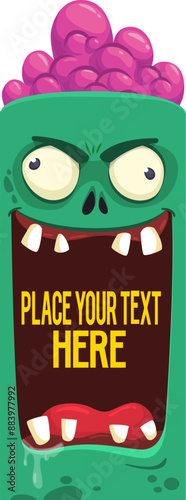 Cartoon funny green zombie character design with scary face expression and pink brains out. Halloween vector illustration isolated on white. Party invitation, package design 