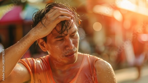 Man sweating hand above head stressful painful expression under extreme hot summer day Asian male with wet shirt