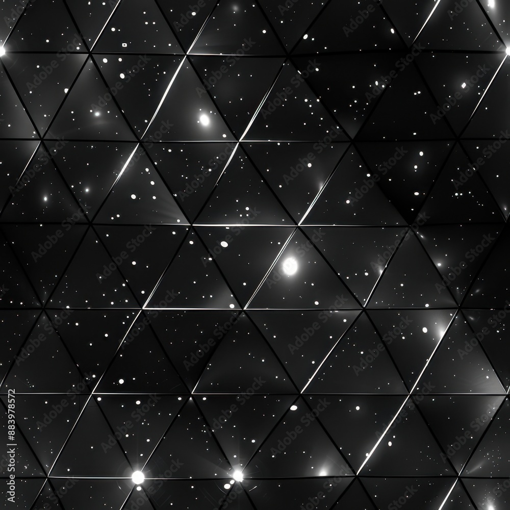 Obraz premium seamless pattern, Black and white geometric triangular pattern with a cosmic effect, featuring stars and light reflections. Abstract and futuristic backdrop.
