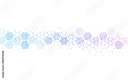 Hexagons pattern on gray background. Genetic research, molecular structure. Chemical engineering. Concept of innovation technology. Used for design healthcare, science and medicine background