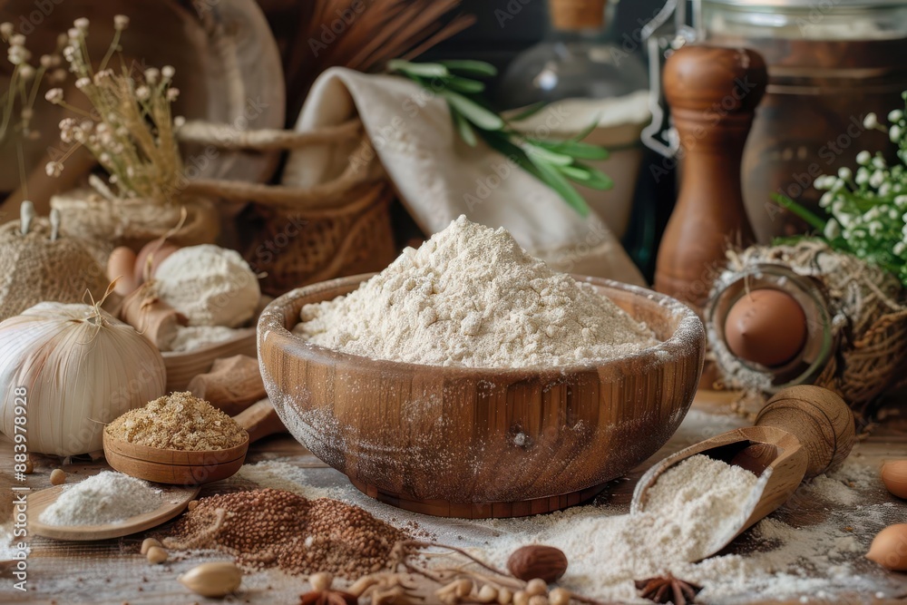 rustic kitchen scene with a wooden bowl of buckwheat flour surrounded by fresh ingredients and baking tools warm lighting emphasizes texture and earthiness rustic kitchen scene with a wooden bowl of buckwheat flour surrounded by fresh ingredients and baking tools warm lighting emphasizes texture and earthiness
