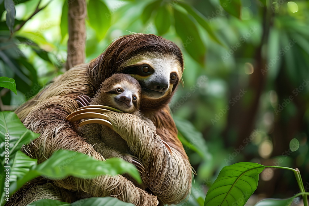 Mother sloth holding baby sloth in a lush green jungle Mother sloth holding baby sloth in a lush green jungle