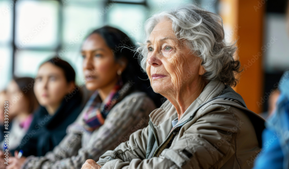 Elderly woman learning in a language class setting, embodying the spirit of lifelong learning and educational curiosity. Immigrants socialization Elderly woman learning in a language class setting, embodying the spirit of lifelong learning and educational curiosity. Immigrants socialization