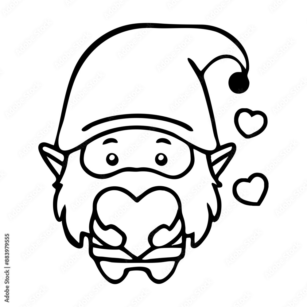 A cute cartoon gnome with a long beard, wearing a pointed hat, and holding a heart shape A cute cartoon gnome with a long beard, wearing a pointed hat, and holding a heart shape