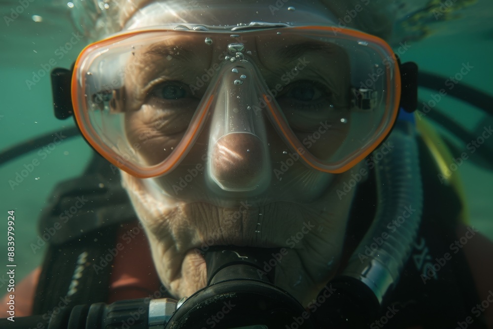 A close-up portrait of a senior woman scuba diving, her mask capturing a view of the underwater world. A close-up portrait of a senior woman scuba diving, her mask capturing a view of the underwater world.
