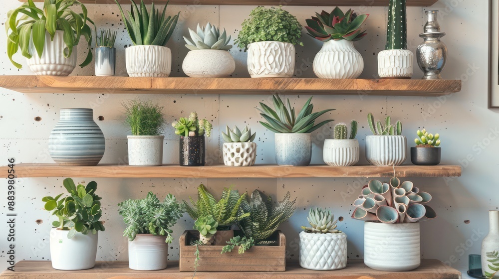 Home decor accessories on shelves including plants and decorative vases. Home decor accessories on shelves including plants and decorative vases.