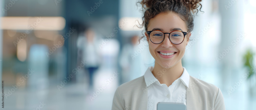 Happy businesswoman using voice-activated technology in a smart workplace setting. Happy businesswoman using voice-activated technology in a smart workplace setting.