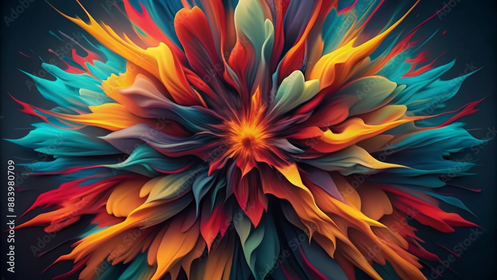 A dark background is contrasted with a dynamic, colorful burst of abstract shapes. A dark background is contrasted with a dynamic, colorful burst of abstract shapes.