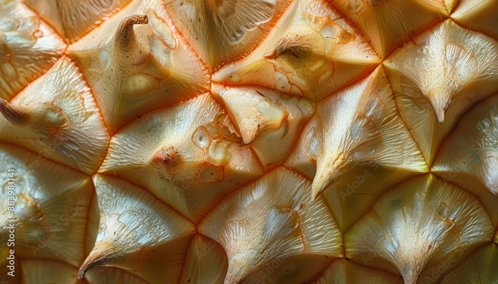 Fototapeta premium Close-up texture of a ripe pineapple's peel, showcasing intricate details and vibrant colors in a macro photograph.